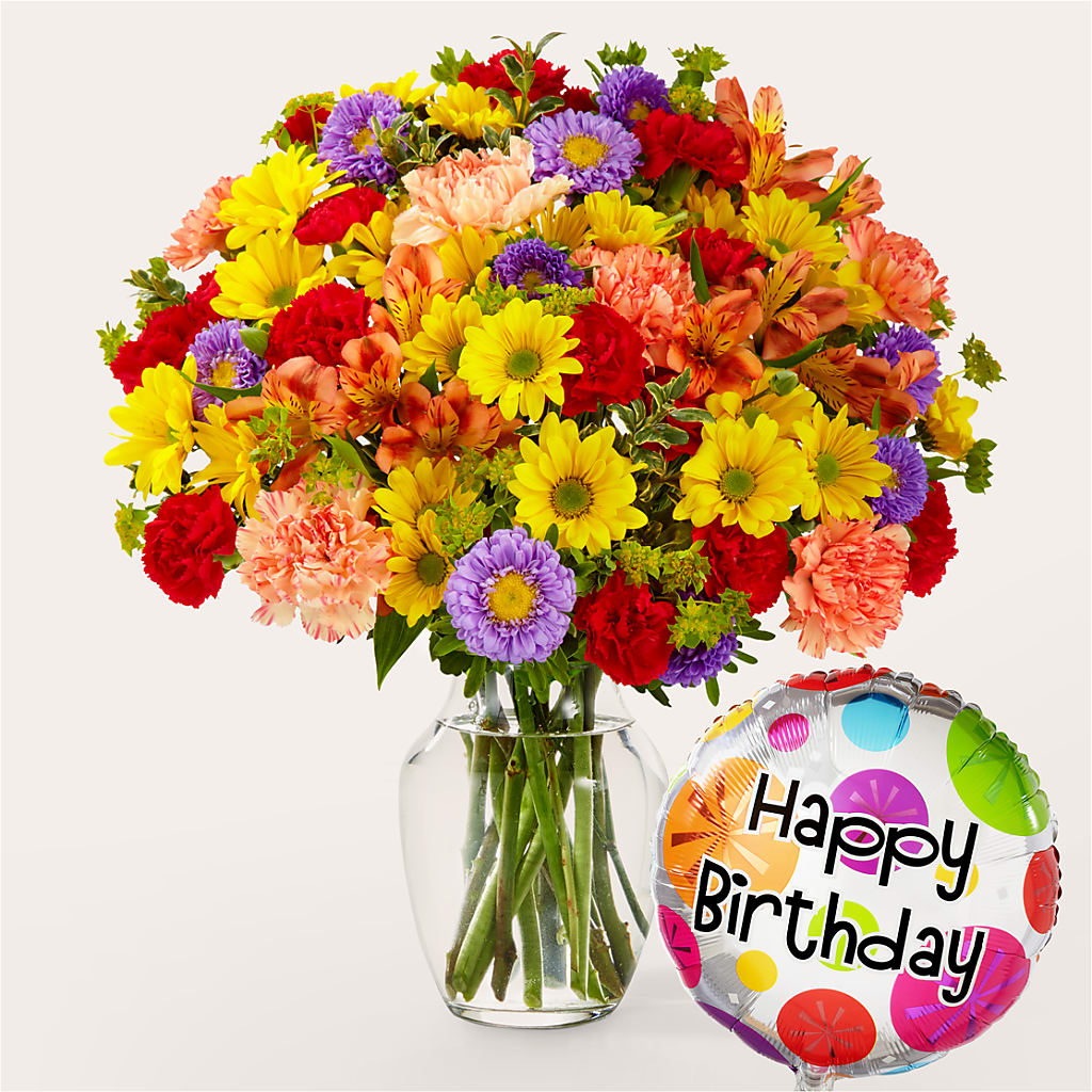 Kaleidoscope Bouquet with Birthday Balloon – FLOWERS BY BAUERS & GREENHOUSE, Jarrettsville MD