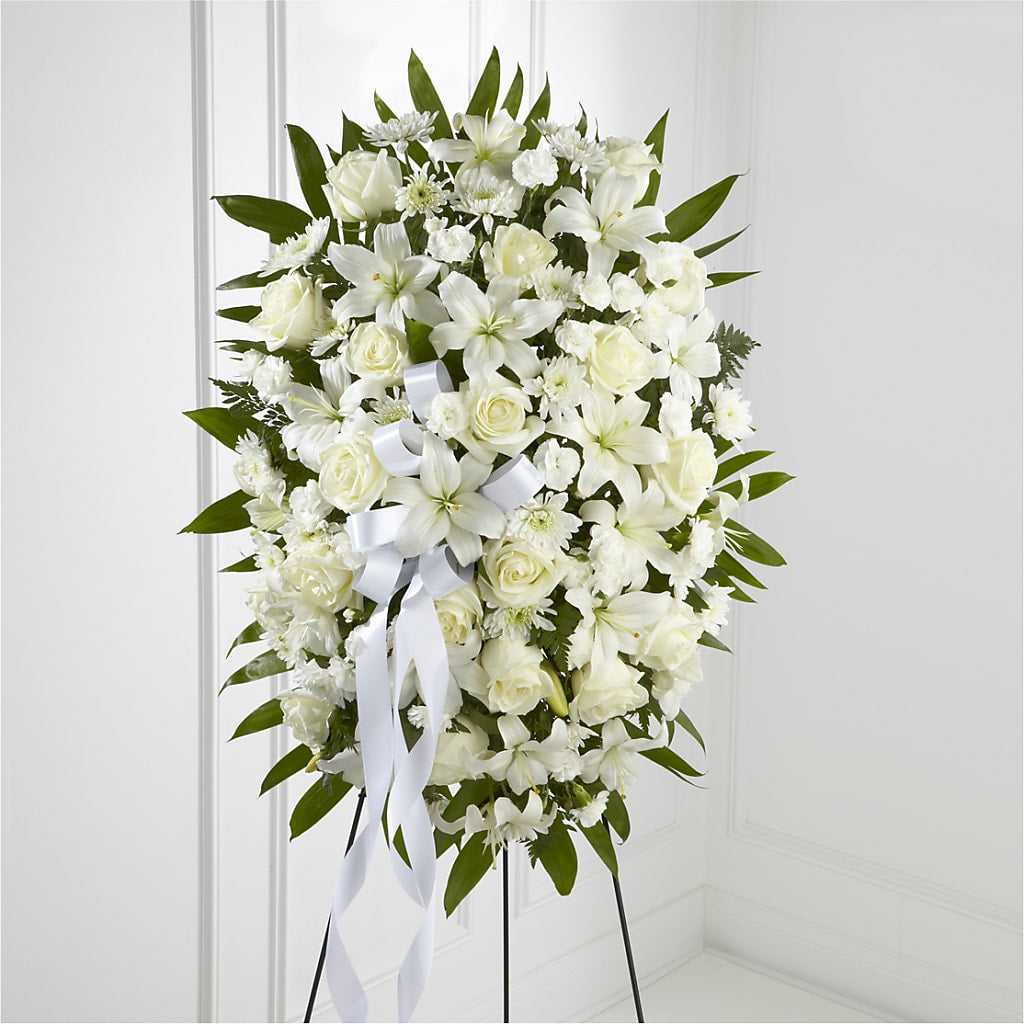 Exquisite Tribute Standing Spray-White Ribbon – FLOWERS BY BAUERS & GREENHOUSE, Jarrettsville MD
