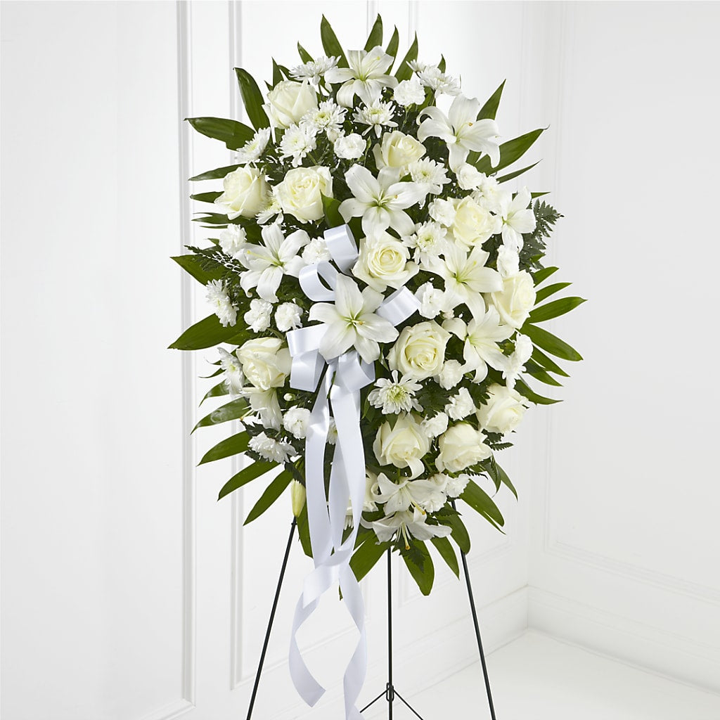 Exquisite Tribute Standing Spray-White Ribbon – FLOWERS BY BAUERS & GREENHOUSE, Jarrettsville MD
