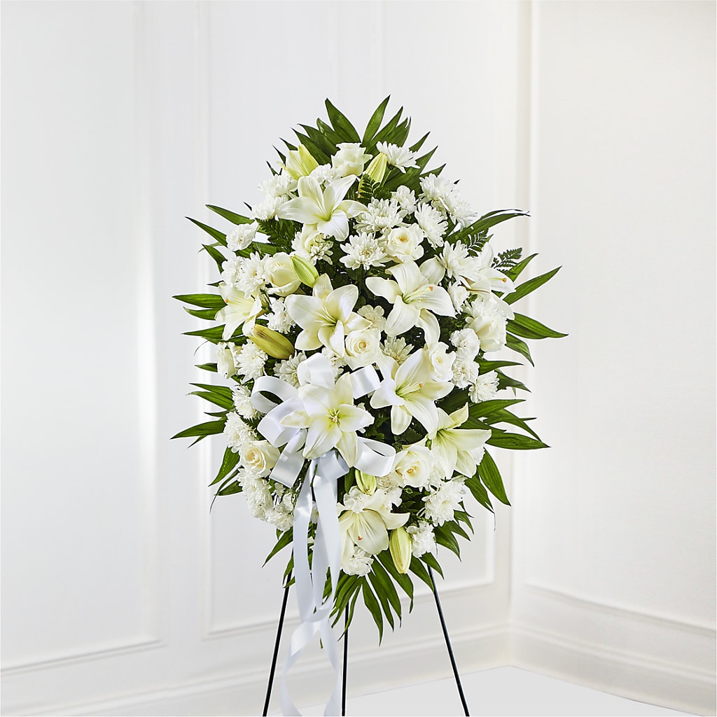 Exquisite Tribute Standing Spray-White Ribbon – FLOWERS BY BAUERS & GREENHOUSE, Jarrettsville MD