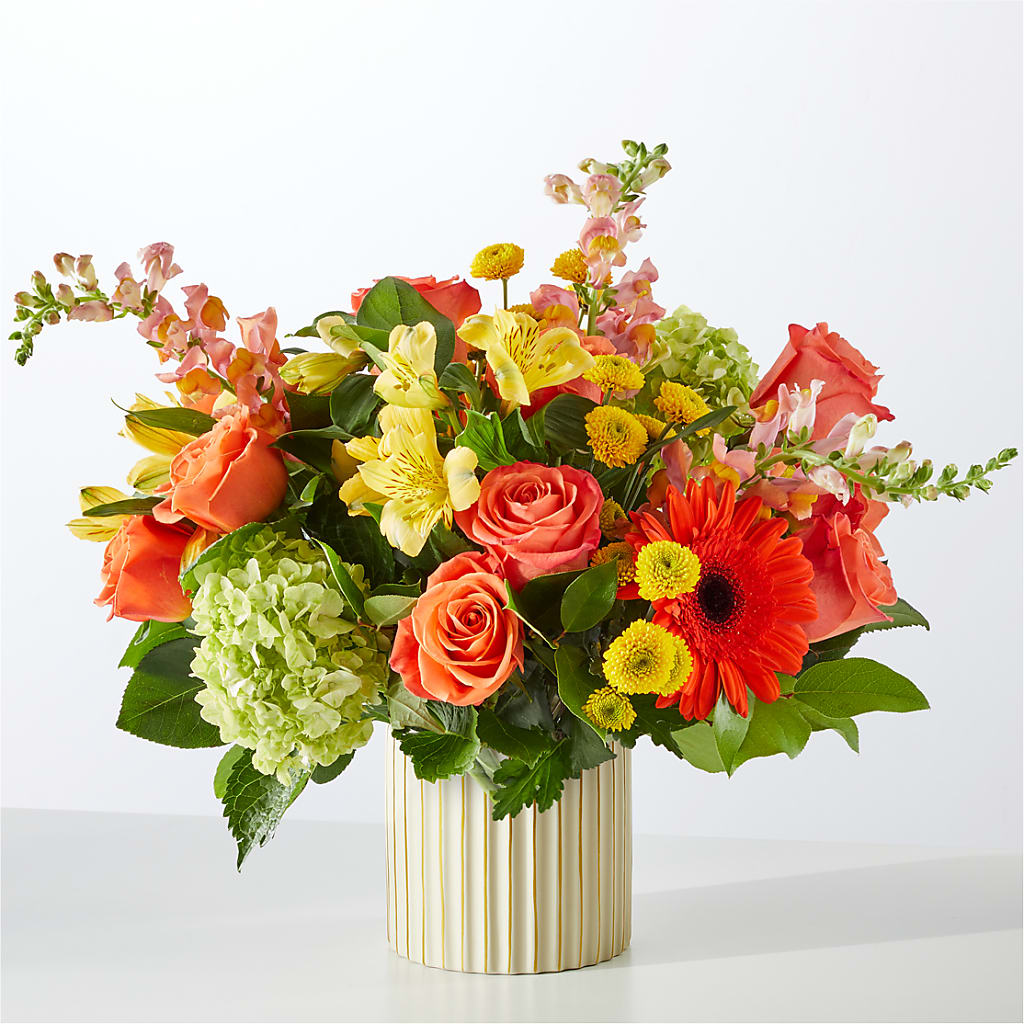 Autumn Sunshine Bouquet with Ivory Vase – FLOWERS BY BAUERS & GREENHOUSE, Jarrettsville MD
