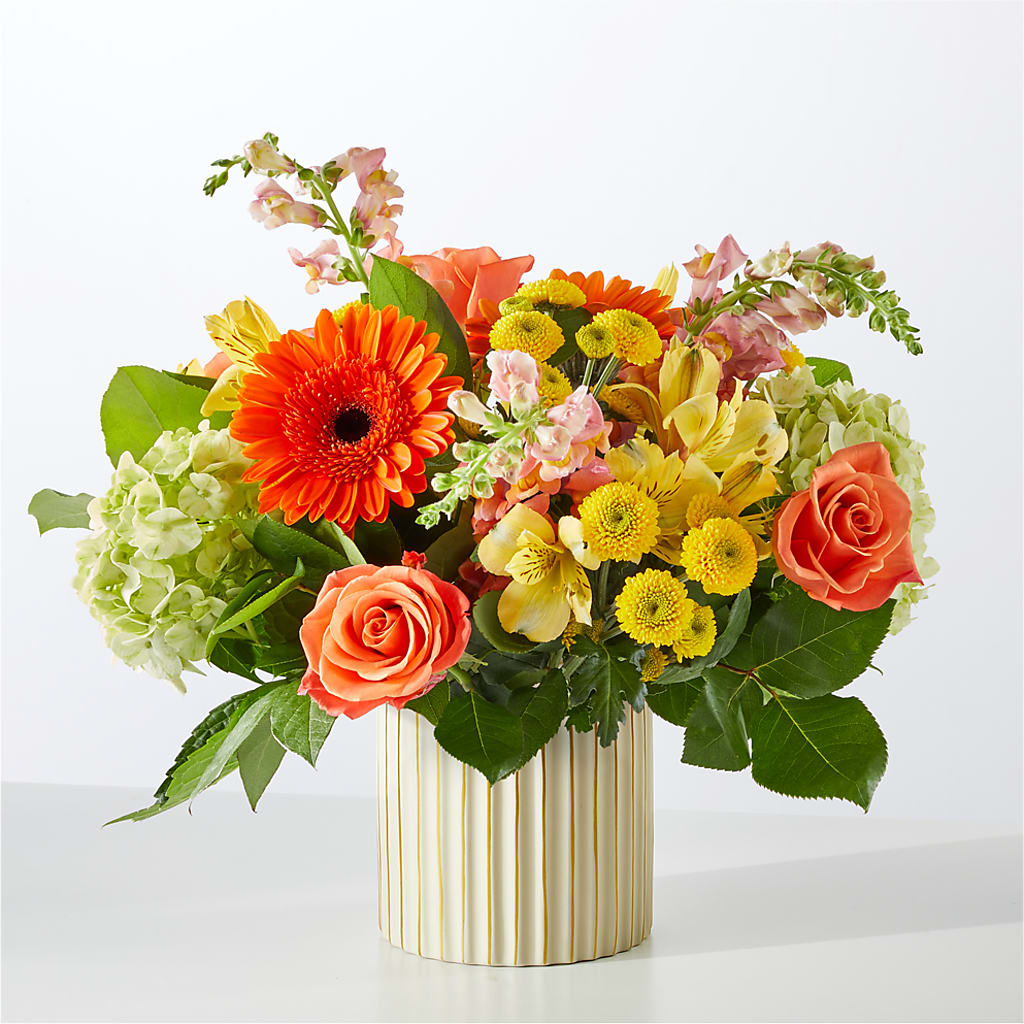 Autumn Sunshine Bouquet with Ivory Vase – FLOWERS BY BAUERS & GREENHOUSE, Jarrettsville MD