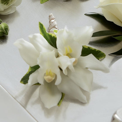 White Mini Cymbidium Boutonniere – FLOWERS BY BAUERS & GREENHOUSE, Jarrettsville MD
